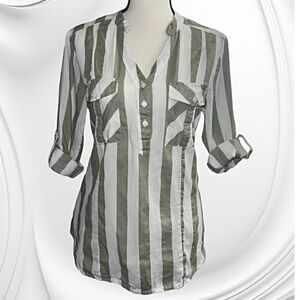 EDEN&OLIVIA TOP BEIGE/WHITE STRIPED LADIES BLOUSE ROLL UP 3/4 SLEEVES